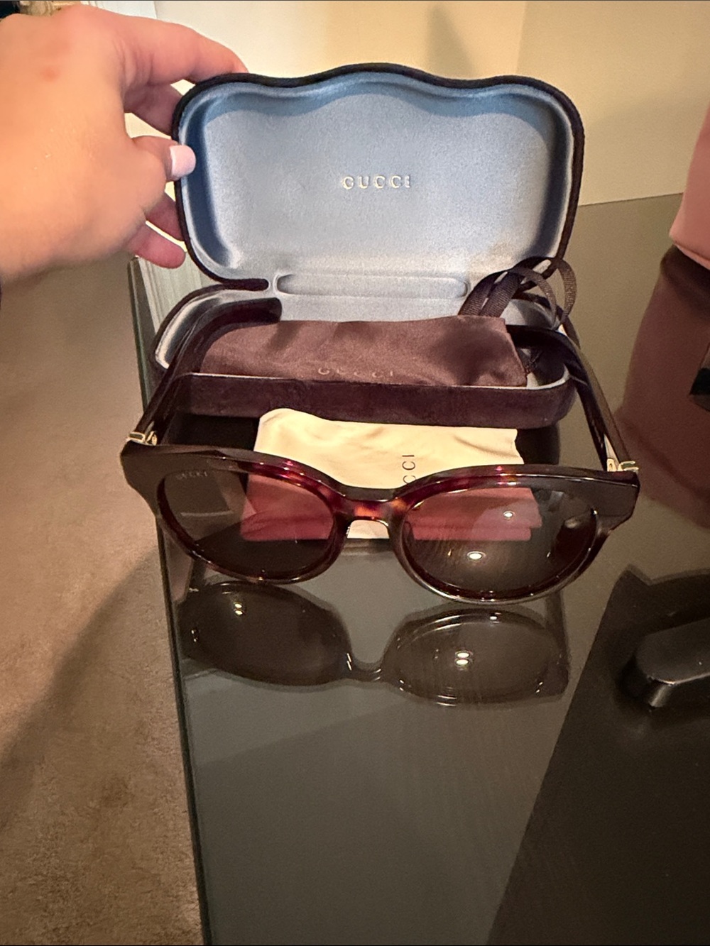 Gucci Women's Burgundy Tortoiseshell Sunglasses with Gradient Lenses
